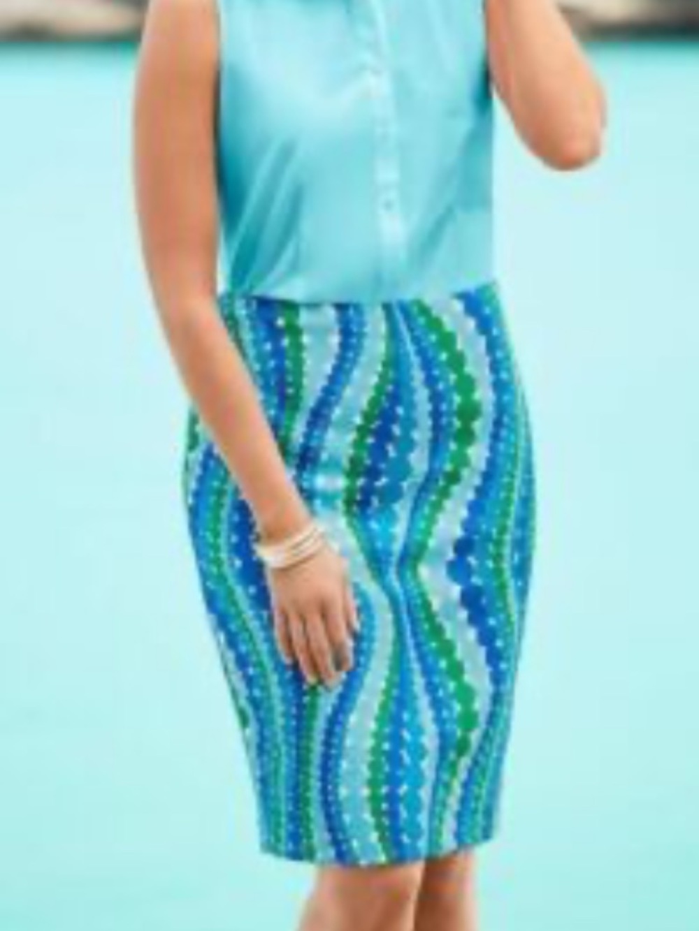 Talbots Blue Green Wavy Dot Print Pencil Skirt